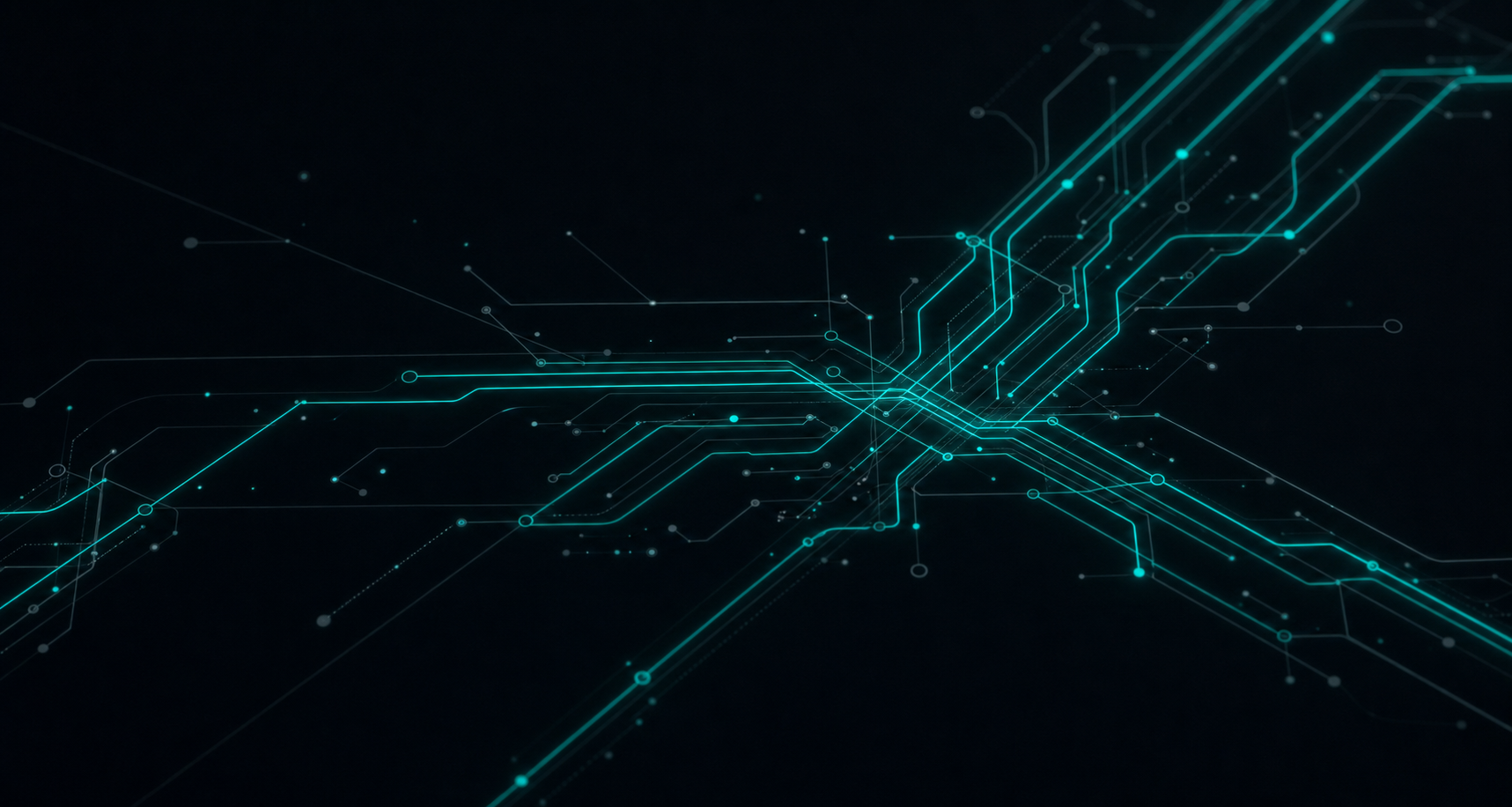 Abstract network of illuminated payment-rail lines converging across a dark field
